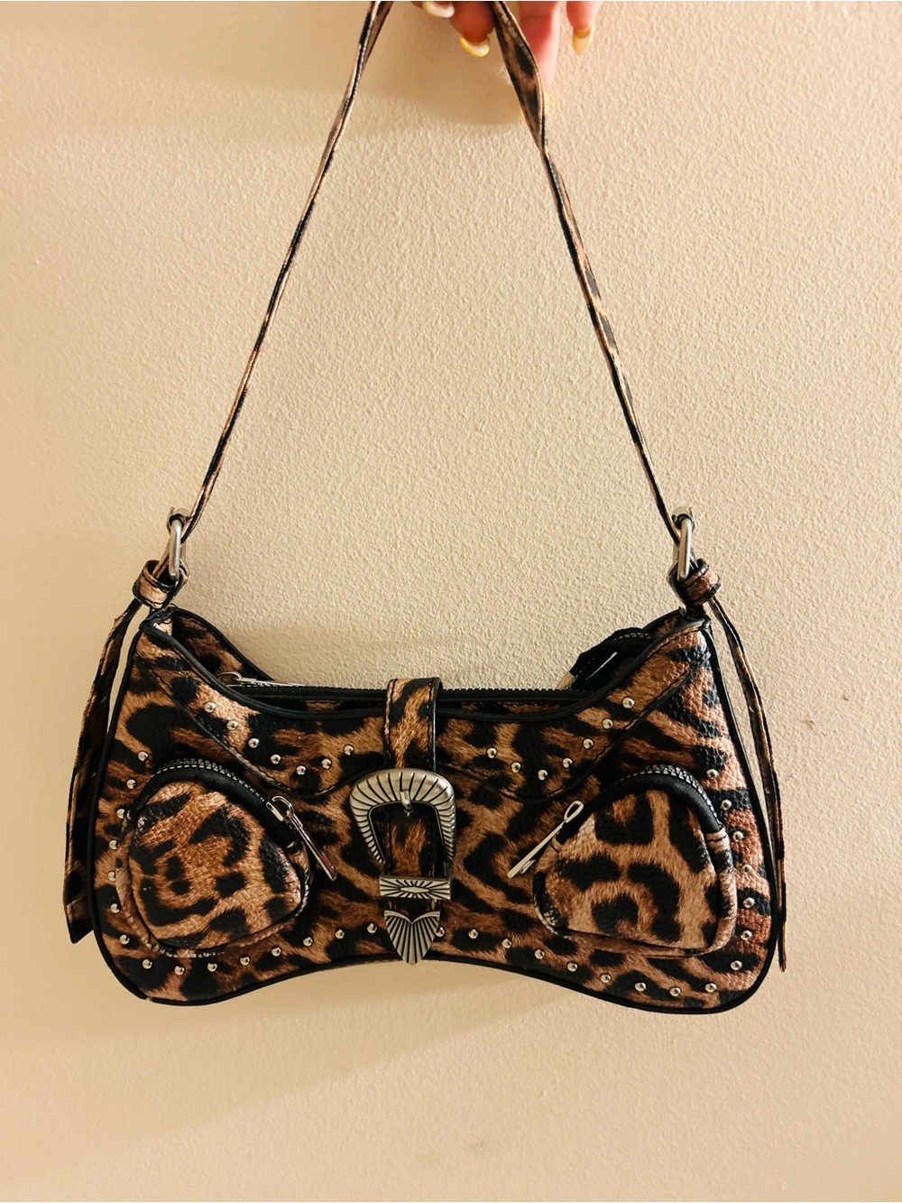 SHEIN Leopard Print Shoulder Bag with Western Buckle Accent